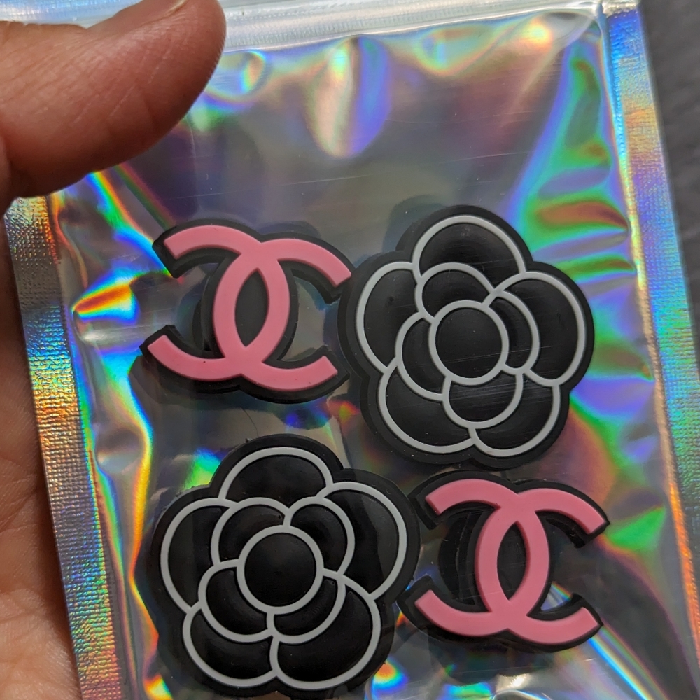 4 Set of like Chanel logo symbol and Camelia flower Charms for Crocs, Jibbitz